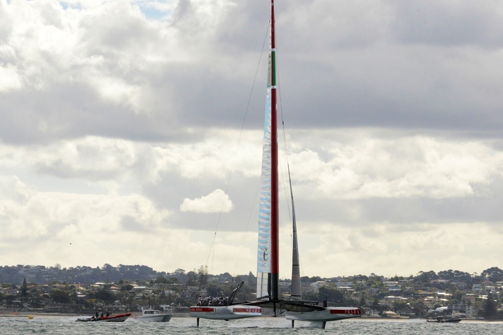 Luna Rossa approaches the camera boat in full and steady flight - Emirates Team NZ and Luna Rossa Race Training - March 6, 2013 © Sail-World.com/NZ 